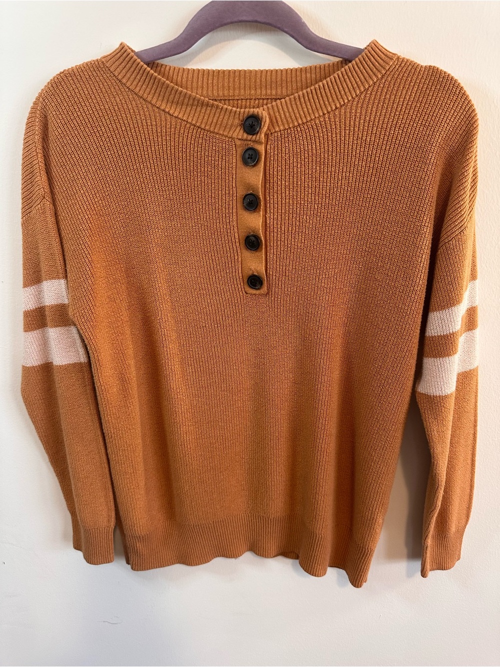 Women’s Henley Pullover Sweater in Rust with White Stripe